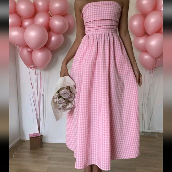 Women Valentine's Day Pink Plaid Print Slant Pocket Tube Longline Dress - Picture 4 of 4